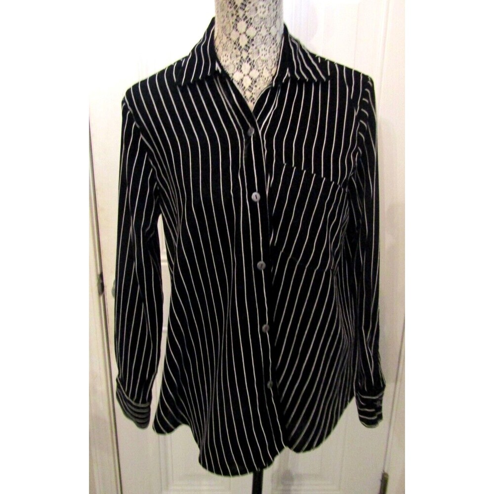 Pure Amici Blouse NWT Black Velour Pinstripe Button Front Top Womens Size M